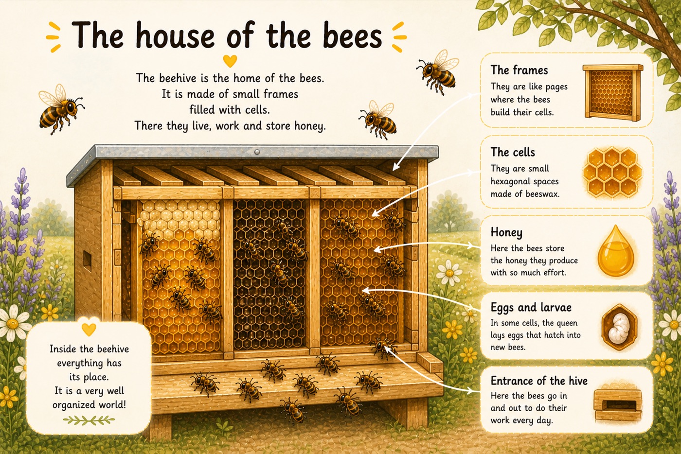 Illustration: the house of the bees — the beehive from inside, with the frames, the cells, the honey, the eggs and the entrance.