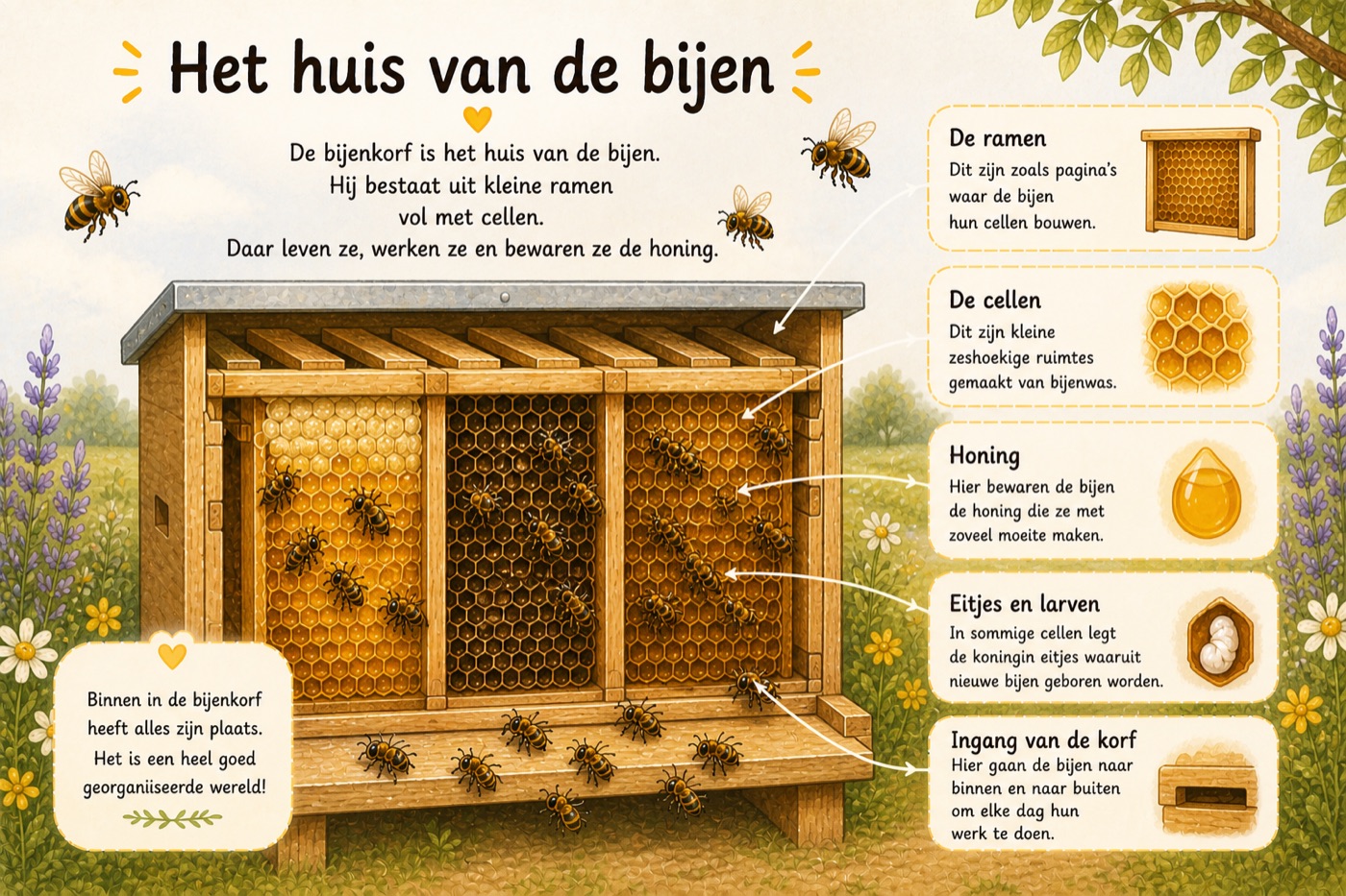 Illustratie: het huis van de bijen — de bijenkorf van binnen, met de ramen, de cellen, de honing, de eitjes en de ingang.