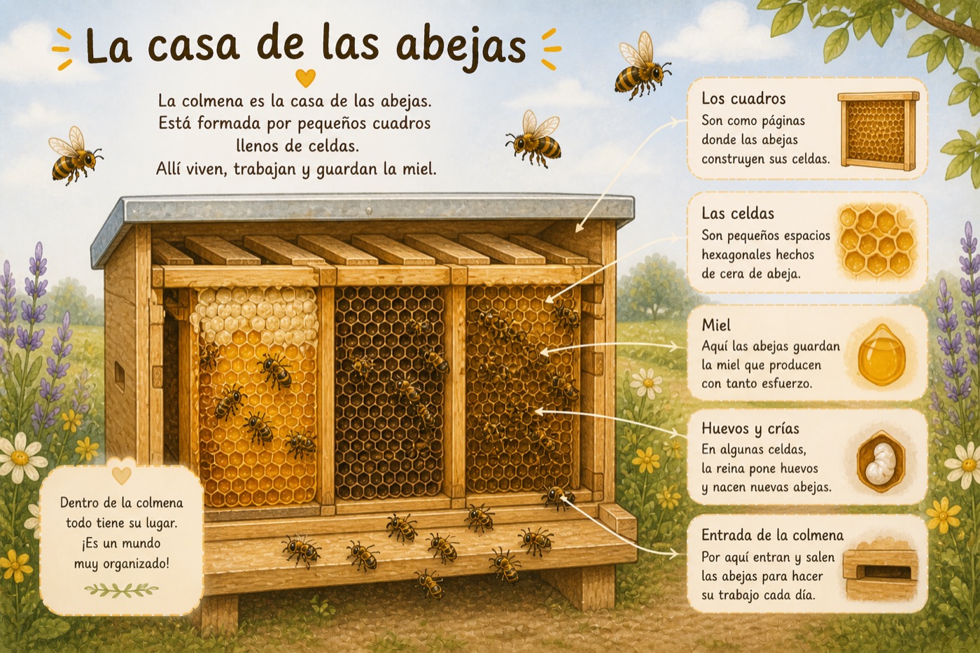 Ilustración: la casa de las abejas — la colmena por dentro con los cuadros, las celdas, la miel, los huevos y la entrada.