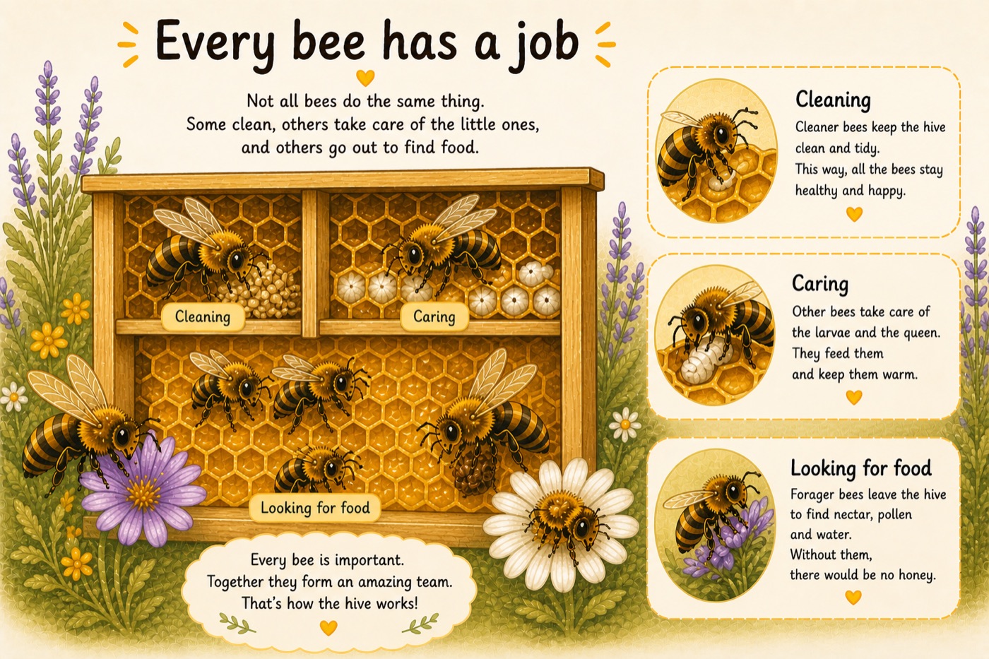 Illustration: every bee has a job — some clean, some care for the young, and some go out to find food.