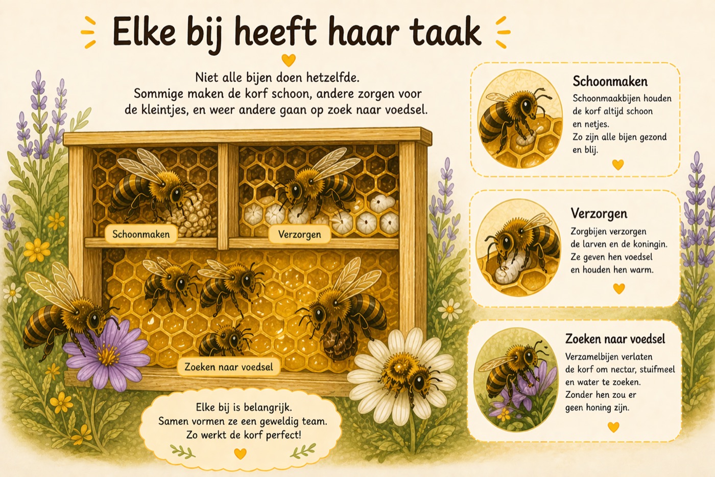 Illustratie: elke bij heeft een taak — sommige maken schoon, andere zorgen voor de kleintjes, en weer andere zoeken eten.