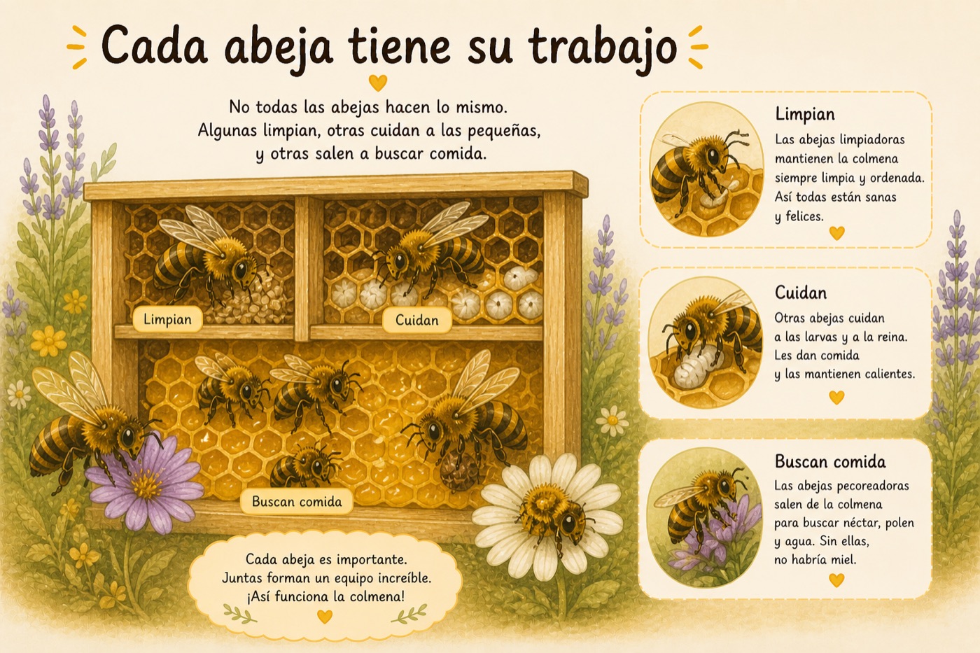 Ilustración: cada abeja tiene su trabajo — unas limpian, otras cuidan a las pequeñas, y otras buscan comida.