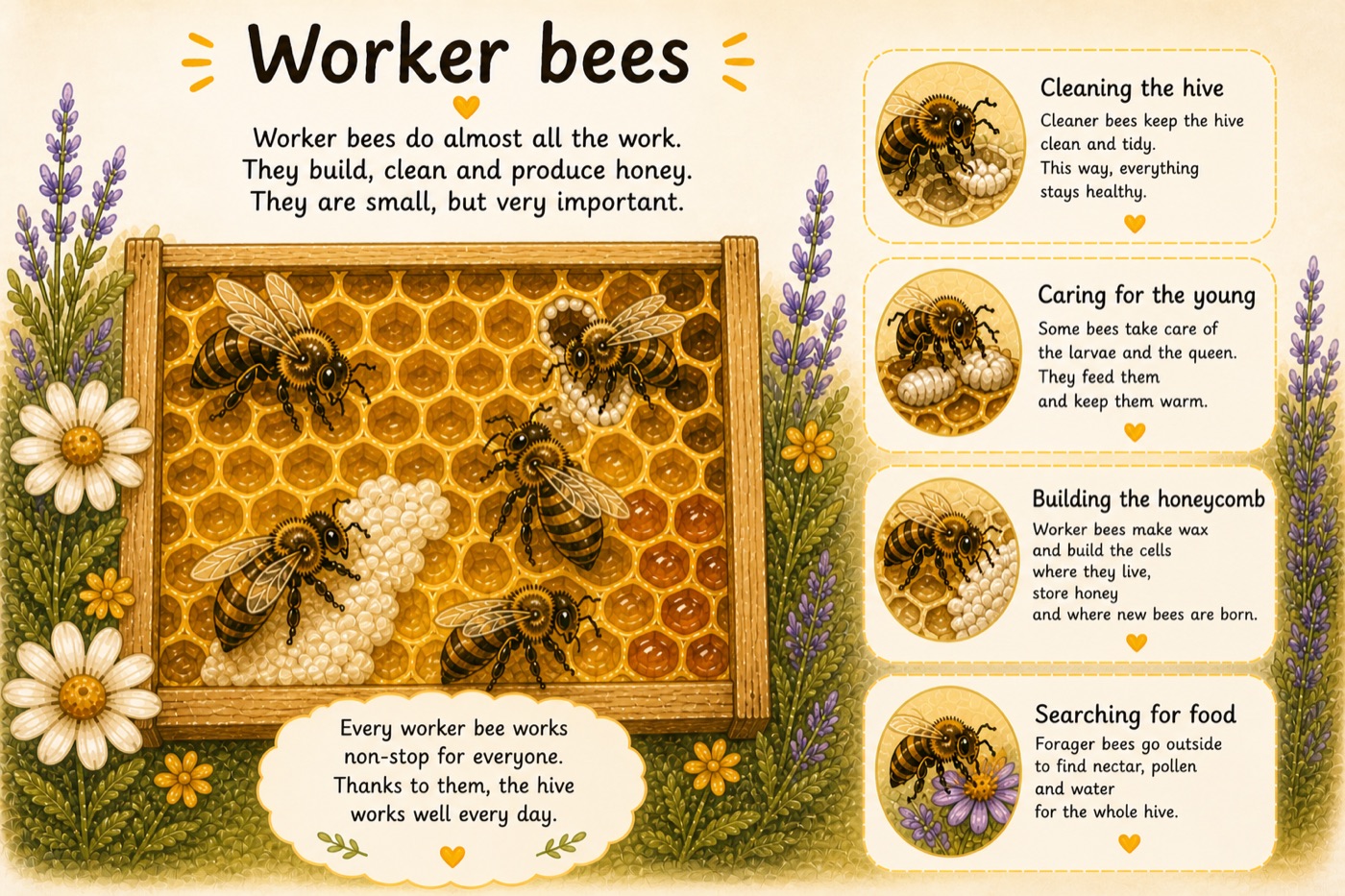 Illustration: worker bees — they clean, care for the young, build the honeycomb, and search for food.