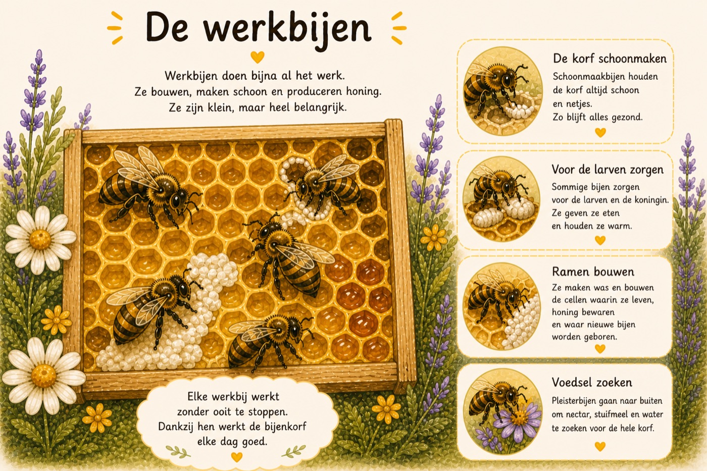 Illustratie: de werkbijen — ze maken schoon, zorgen voor de jongen, bouwen raten en zoeken eten.