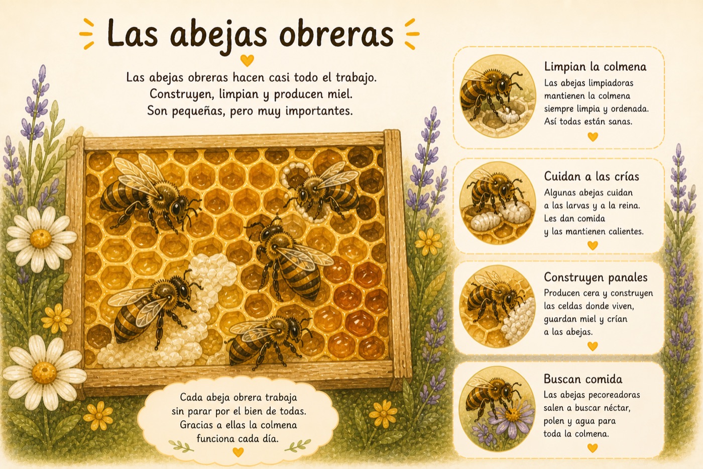 Ilustración: las abejas obreras — limpian, cuidan a las crías, construyen panales y buscan comida.