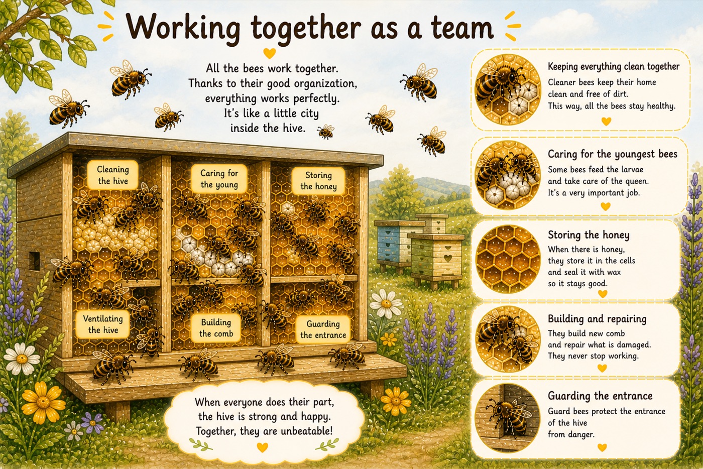Illustration: working together as a team — cleaning, caring, storing honey, building, and guarding the entrance.