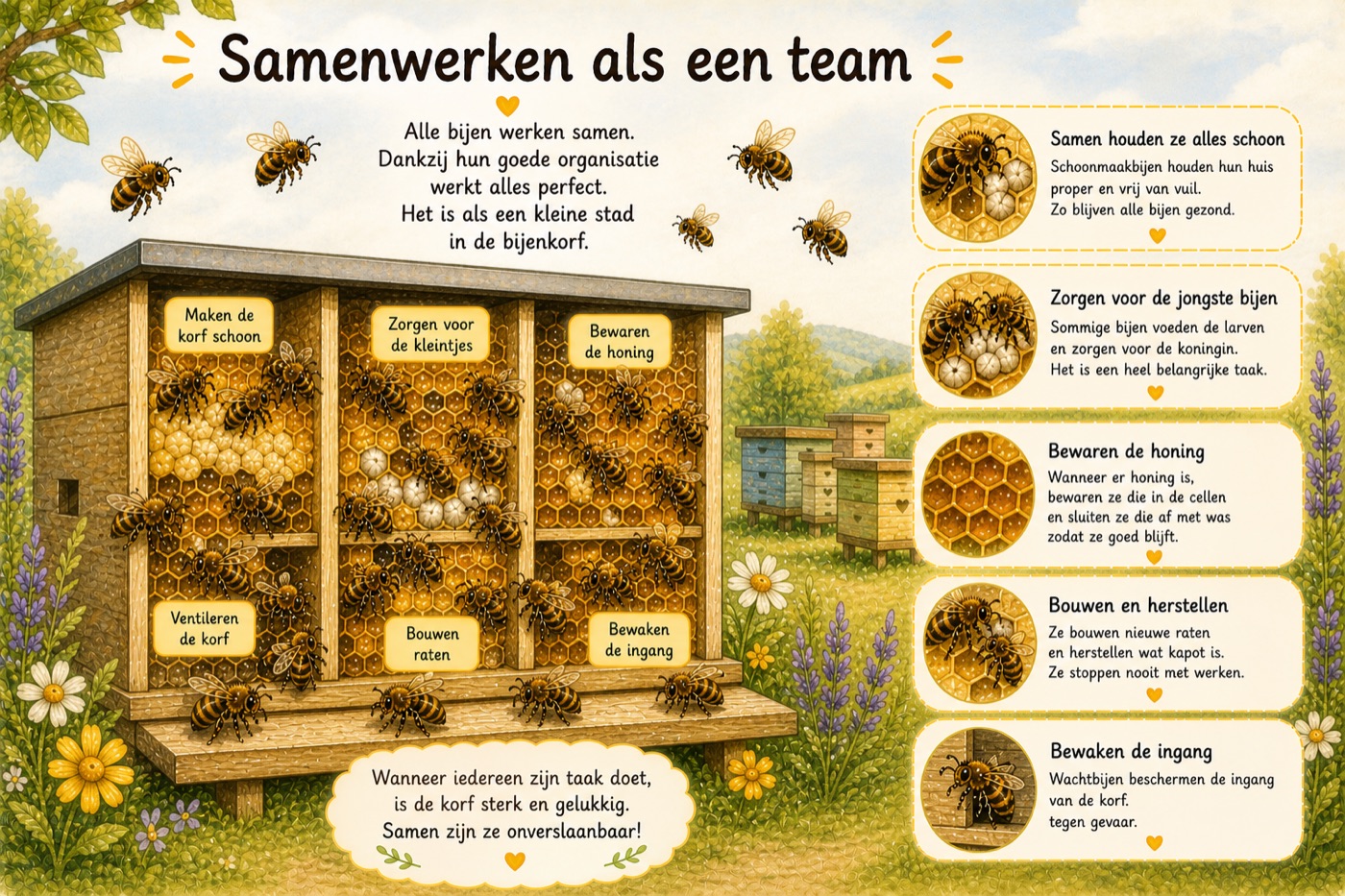 Illustratie: een team — schoonmaken, zorgen, honing bewaren, bouwen en de ingang bewaken.