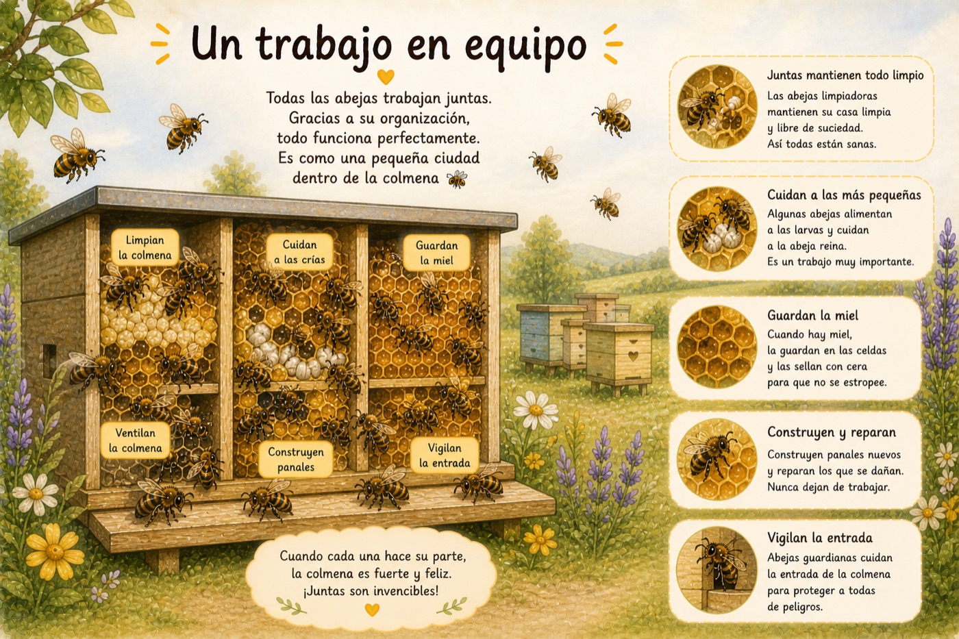 Ilustración: un trabajo en equipo — limpiar, cuidar, guardar la miel, construir y vigilar la entrada.