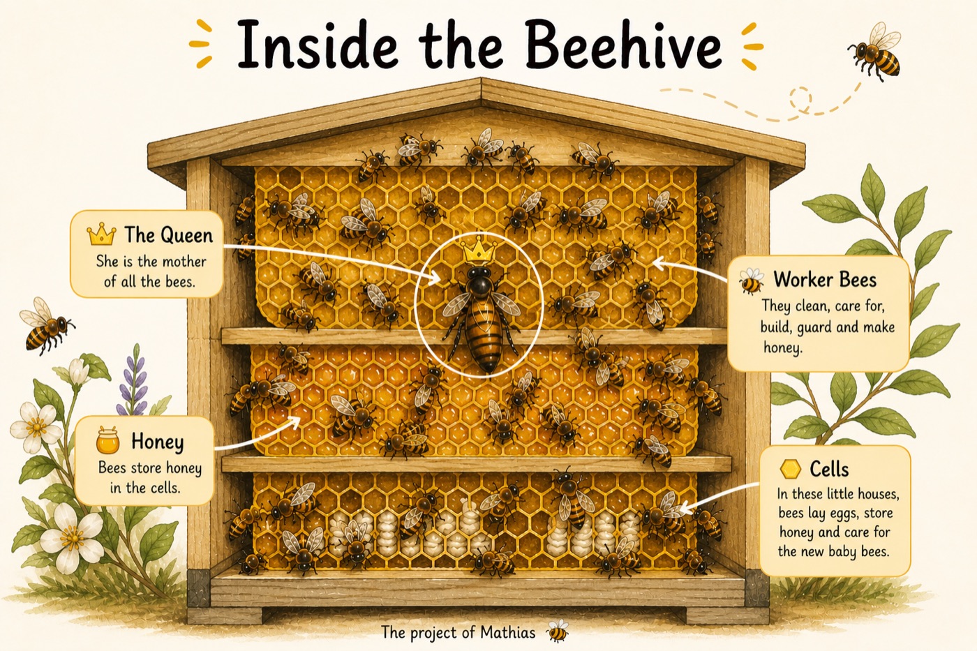 Illustration: inside the beehive, with the queen, the worker bees, and the honeycomb cells.