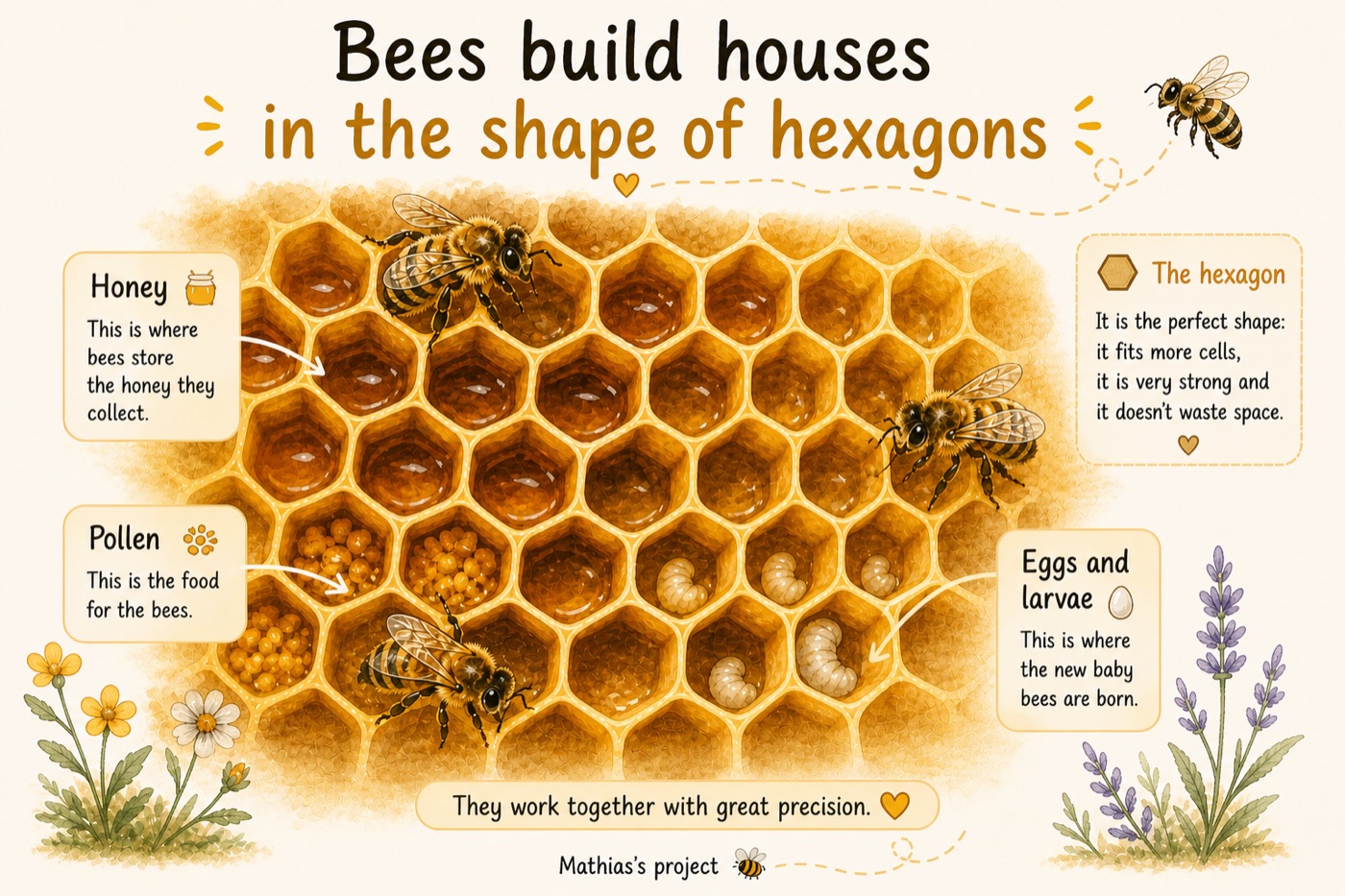 Illustration: a honeycomb of hexagons holding honey, pollen, eggs and larvae in their cells.