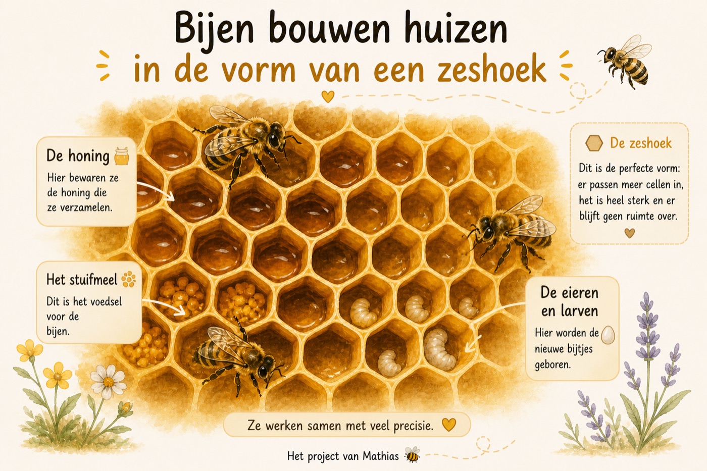 Illustratie: een honingraat van zeshoeken vol honing, stuifmeel, eitjes en larven.