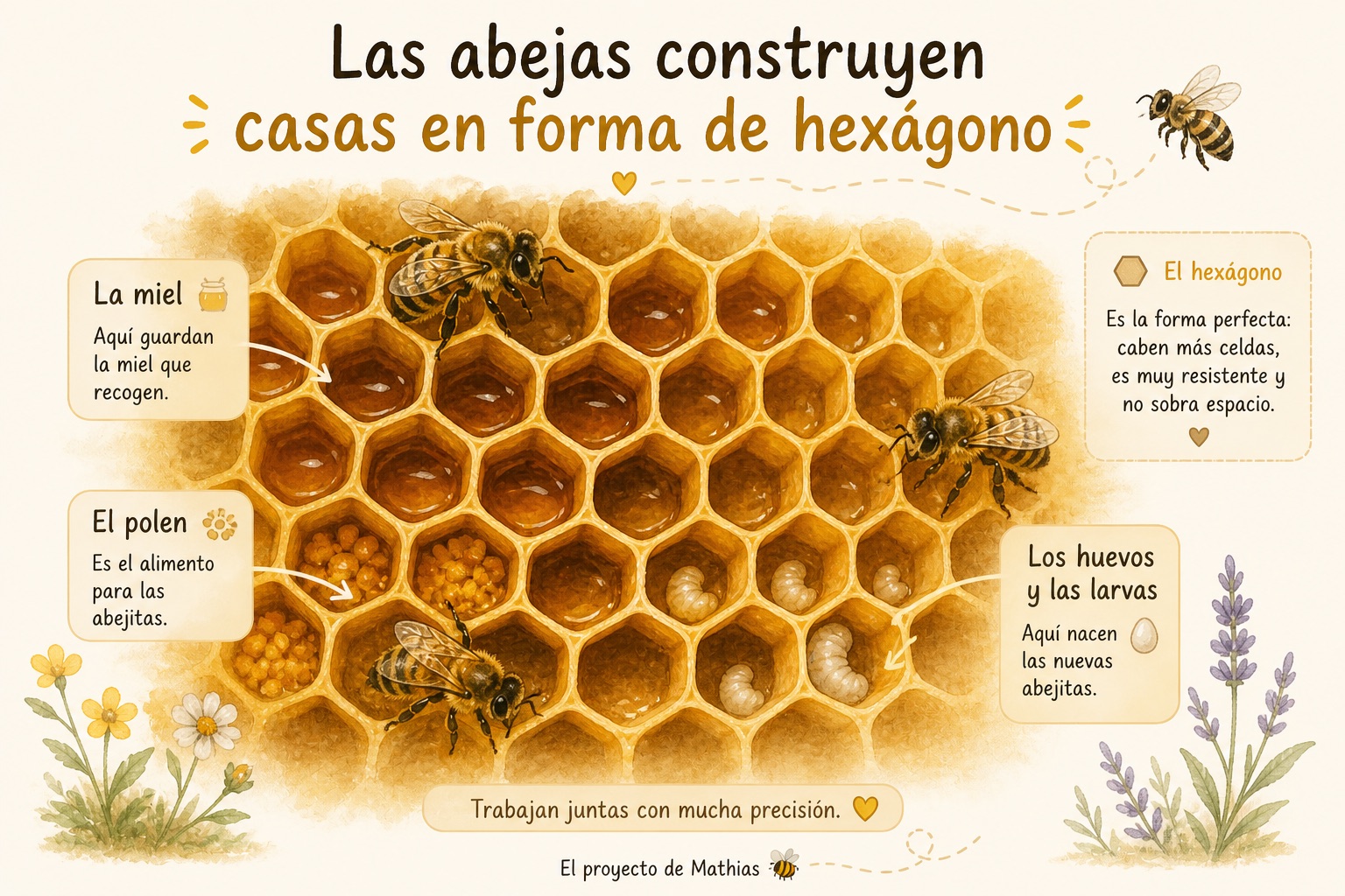 Ilustración: panal de hexágonos con miel, polen, huevos y larvas en las celdas.