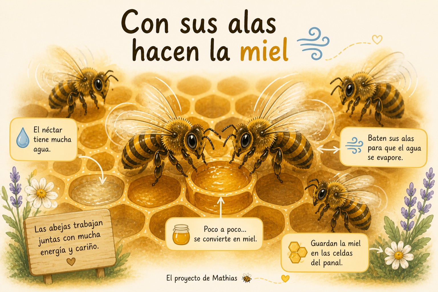 Ilustración: las abejas baten sus alas para evaporar el agua del néctar y convertirlo en miel.