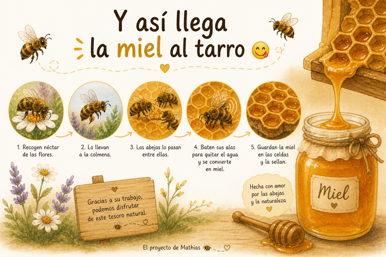 Ilustración: el viaje de la miel, de la flor al tarro.