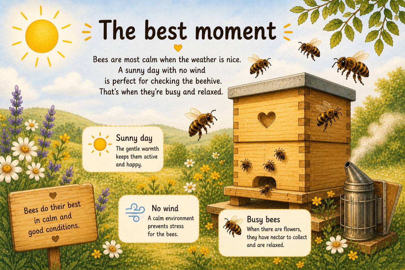 Illustration: the best moment to open the beehive — a sunny, windless day.