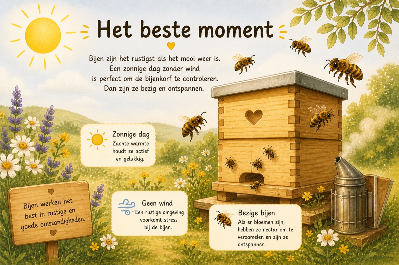 Illustratie: het beste moment om de bijenkast te openen — een zonnige, windstille dag.