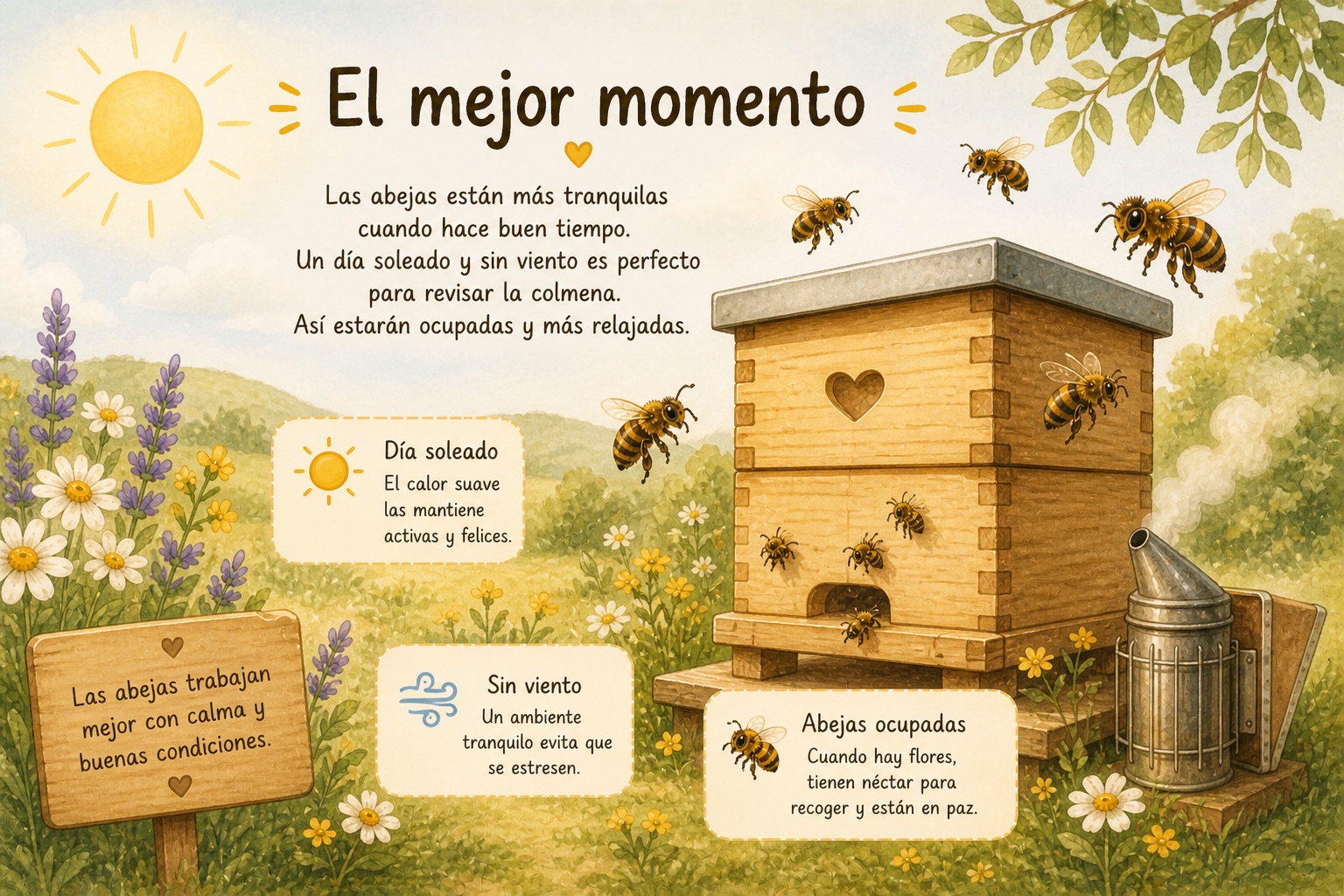 Ilustración: el mejor momento para abrir la colmena, día soleado y sin viento.
