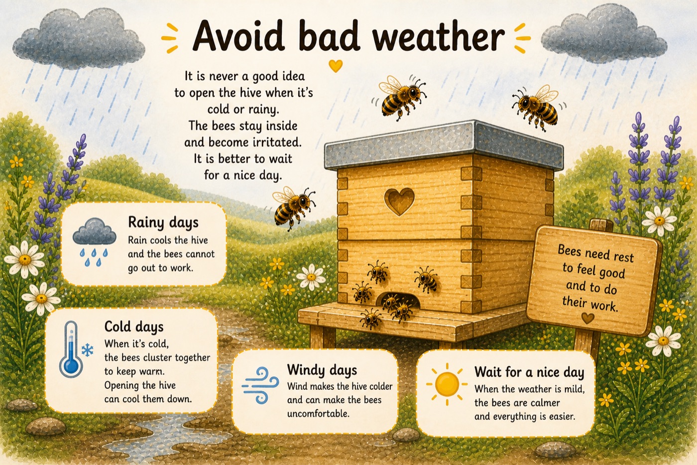 Illustration: rainy, cold and windy days — moments when you should NOT open the hive.