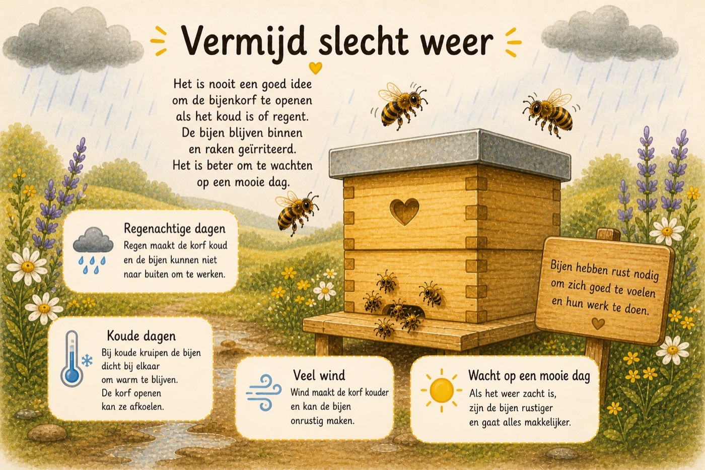 Illustratie: regenachtige, koude en winderige dagen — momenten waarop je de korf NIET moet openen.