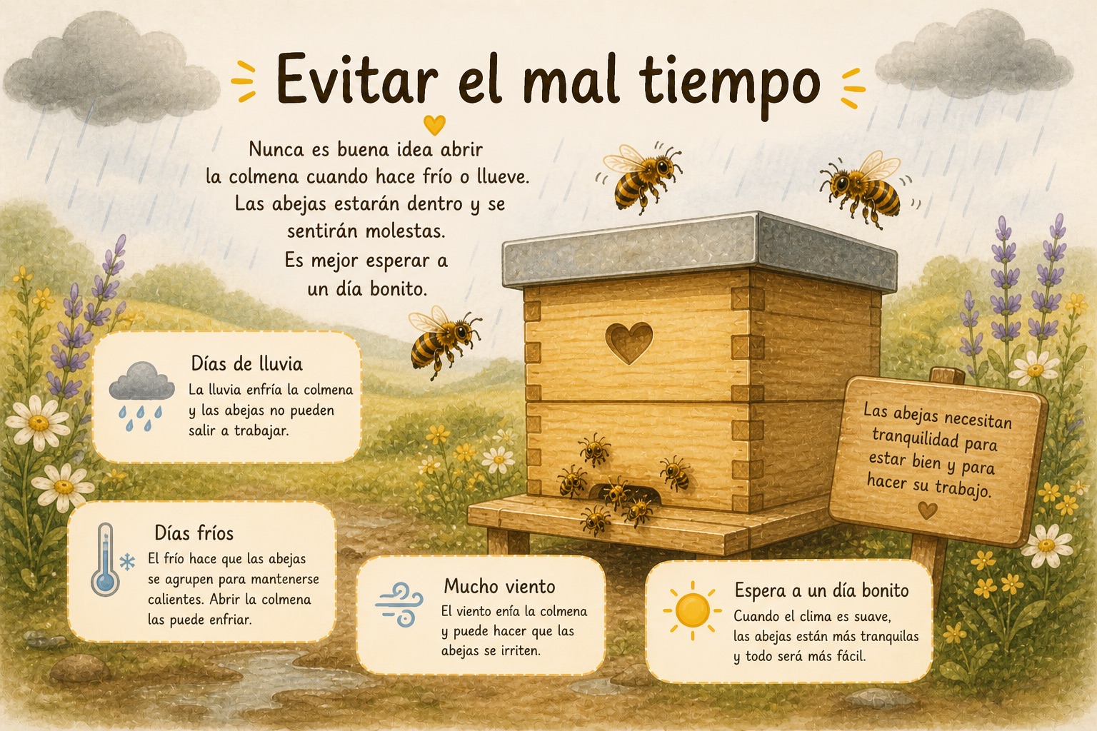 Ilustración: días de lluvia, frío y viento — momentos en los que NO hay que abrir la colmena.