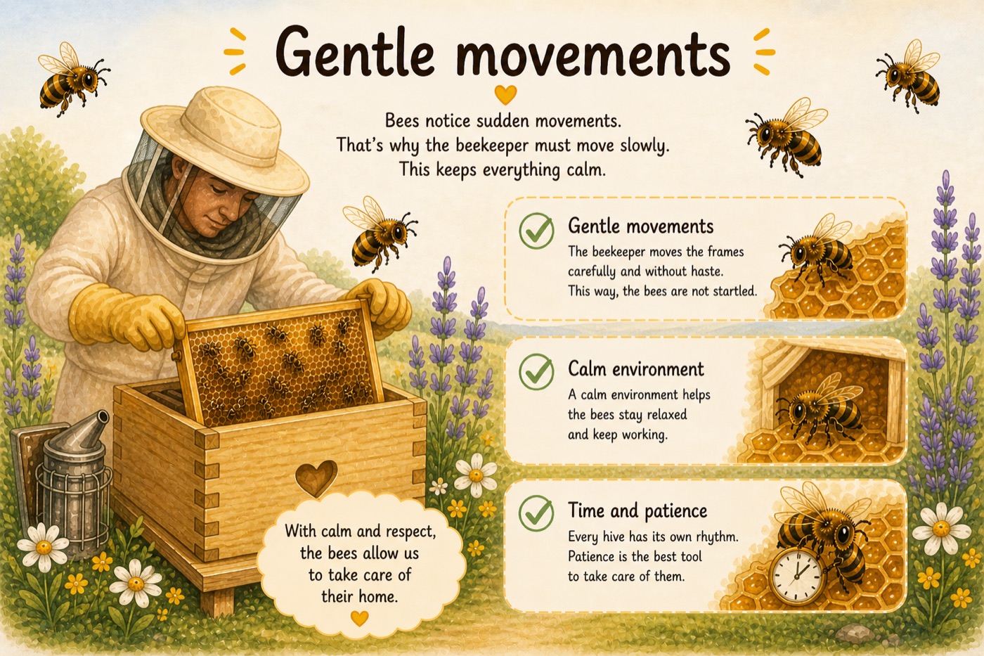 Illustration: a beekeeper lifting frames slowly and carefully, so as not to startle the bees.