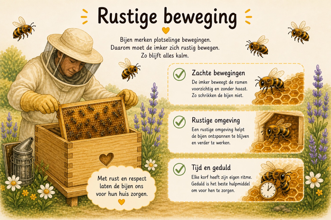 Illustratie: een imker tilt de ramen langzaam en voorzichtig op, om de bijen niet aan het schrikken te maken.