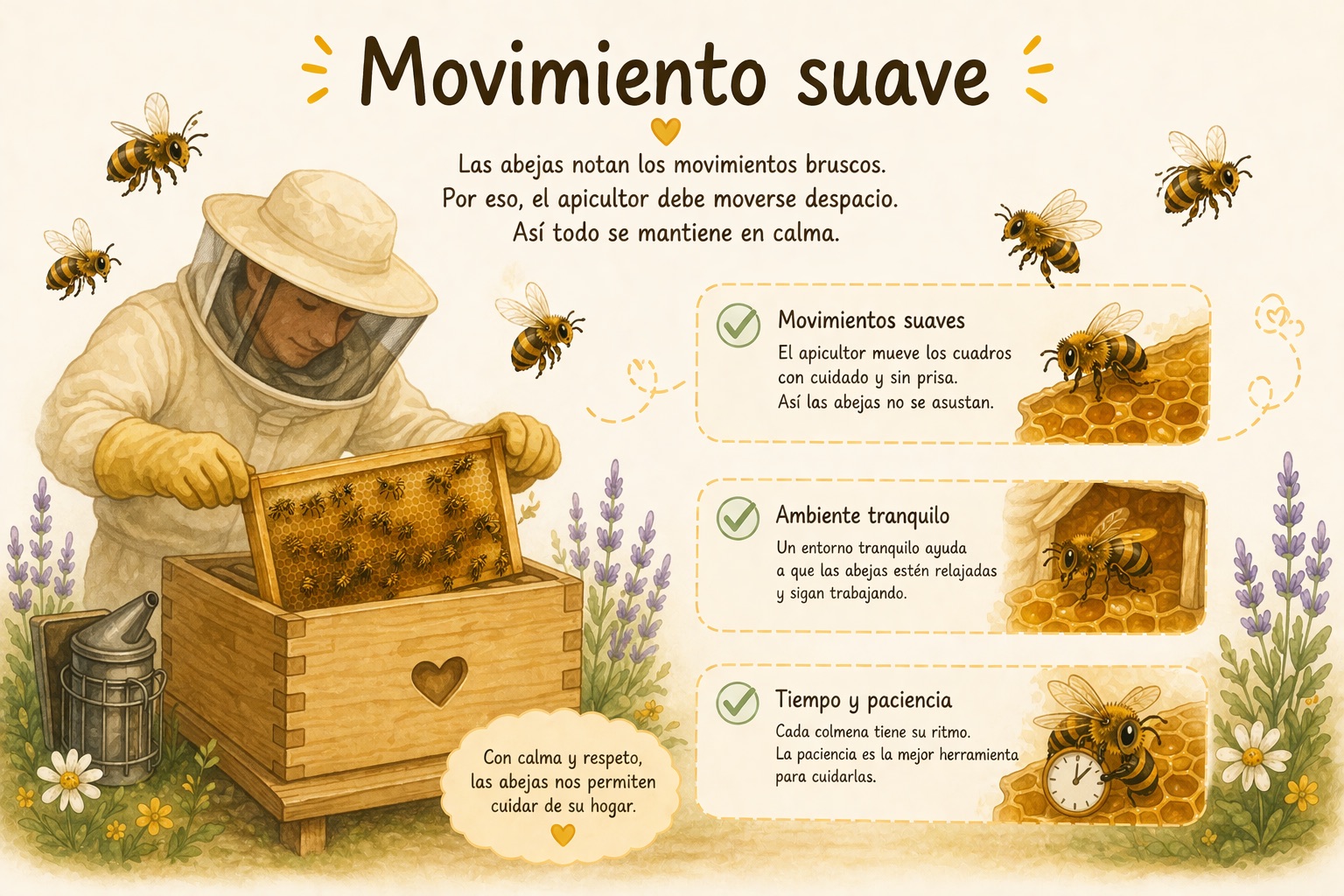 Ilustración: un apicultor moviendo los cuadros despacio y con cuidado para no asustar a las abejas.