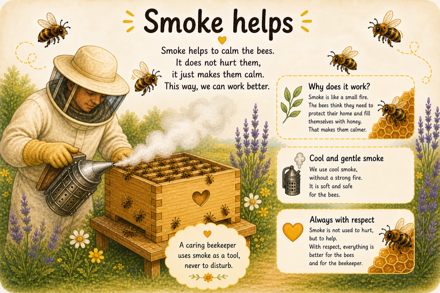 Illustration: a beekeeper using gentle smoke to calm the bees.