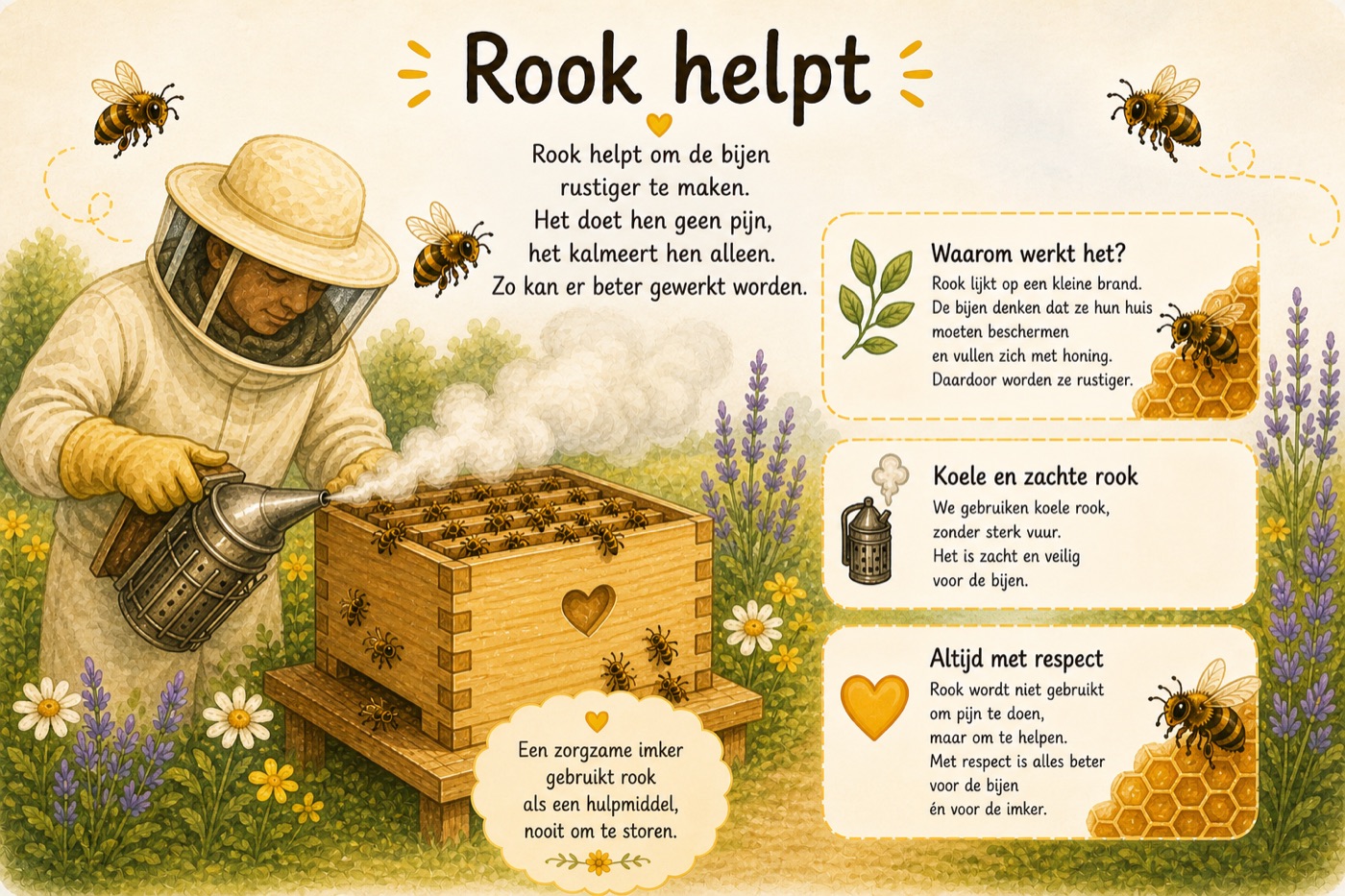 Illustratie: een imker gebruikt zachte rook om de bijen te kalmeren.