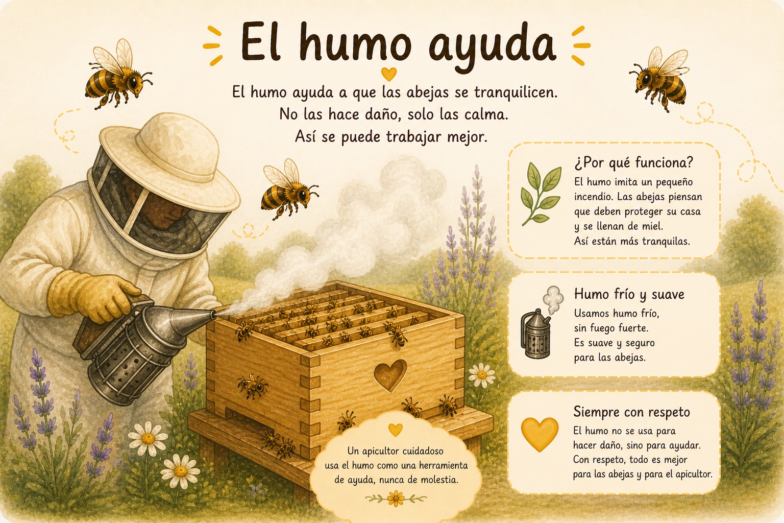 Ilustración: un apicultor usando humo suave para calmar a las abejas.