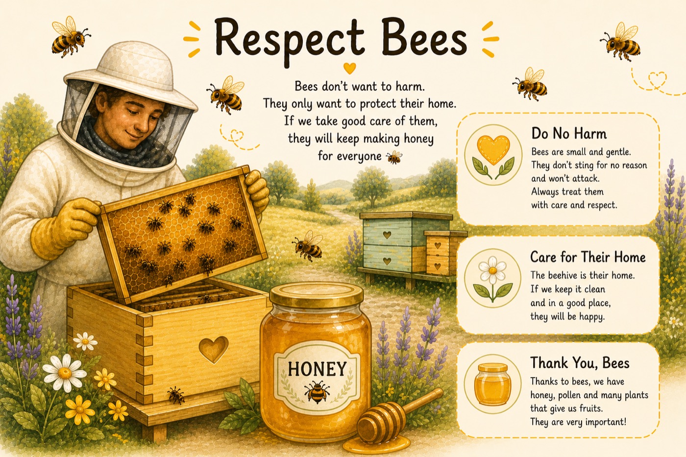Illustration: respecting the bees — looking after their home, and giving thanks for the honey.