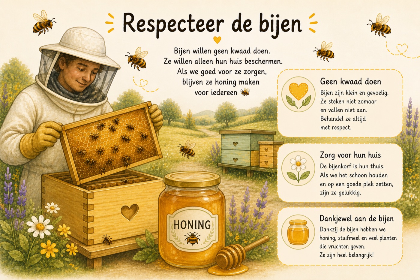 Illustratie: de bijen respecteren — zorgen voor hun thuis, en bedanken voor de honing.