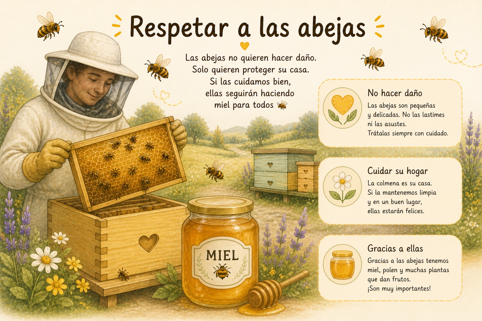 Ilustración: respetar a las abejas, cuidar su casa, y dar las gracias por la miel.